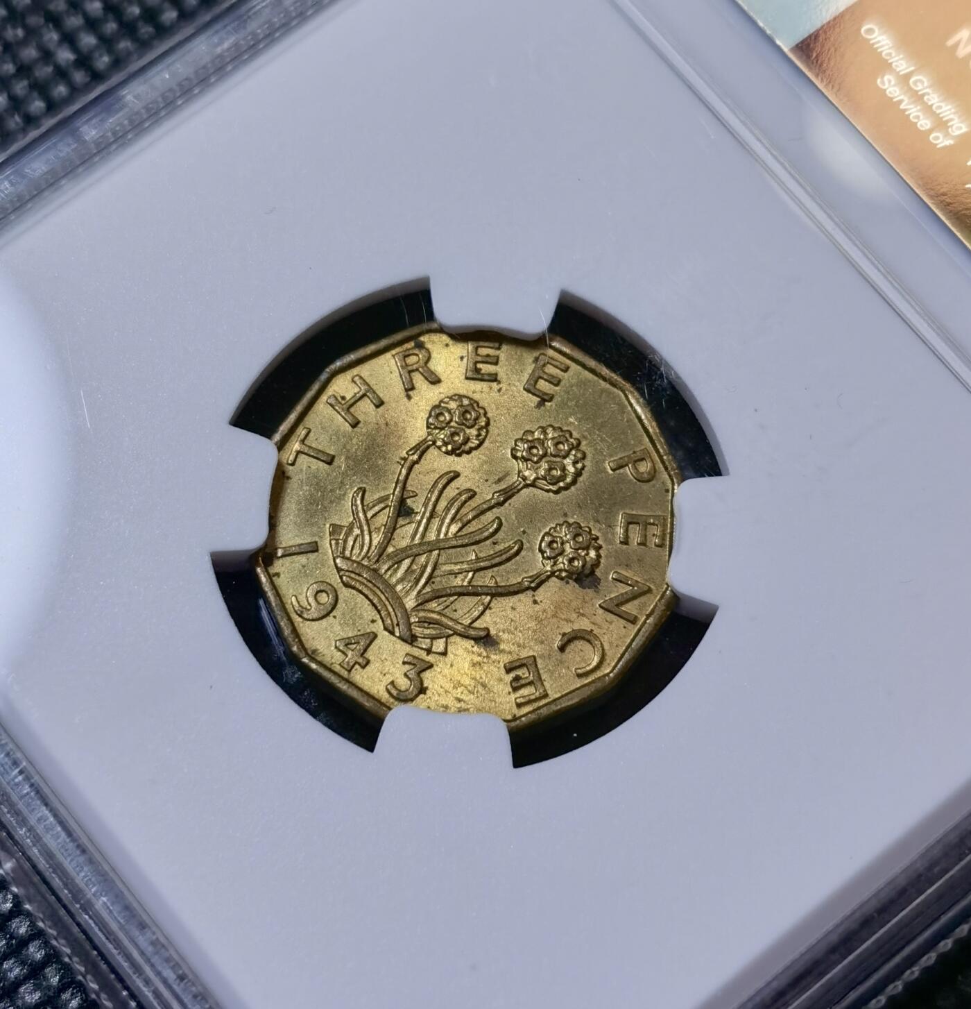 甄臻铺-世界币章拍卖（第40期）送拍享返佣金等优惠多多 NGC-MS63 英国1943乔治六世三便士铜币，有趣的十二边形设计，状态不错