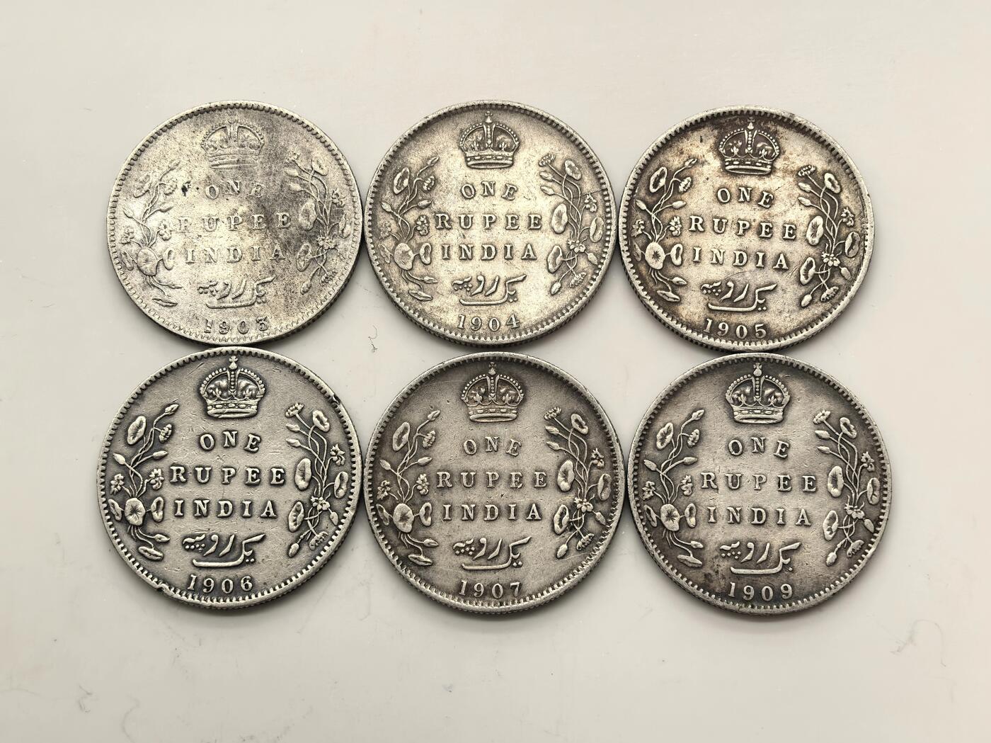 博洋堂世界钱币拍卖第149期（全场包邮） 英属印度1903-09年爱德华七世1卢比银币不同年份6枚一组
