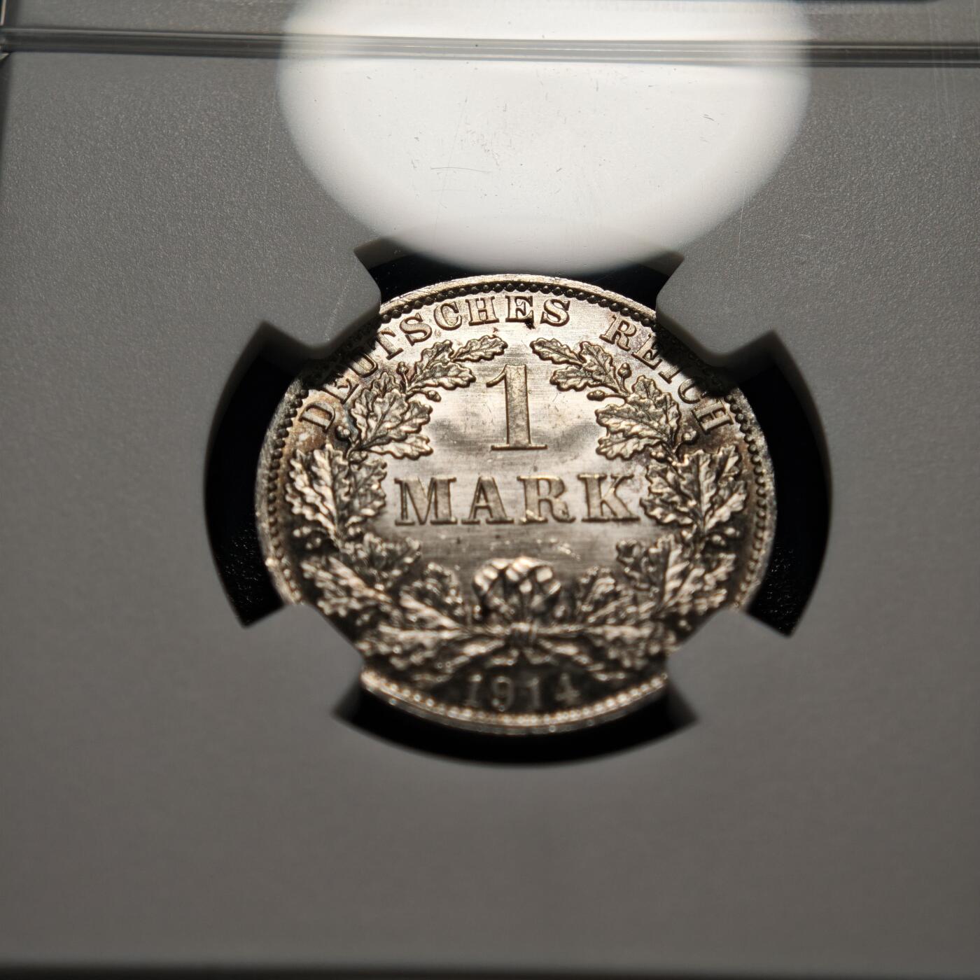 【德藏】世界币章拍卖第155期（拍品征集中~欢迎藏友联系） 1914年 德国1马克银币 NGC MS67 原光犀利 转光极强 淡彩包浆