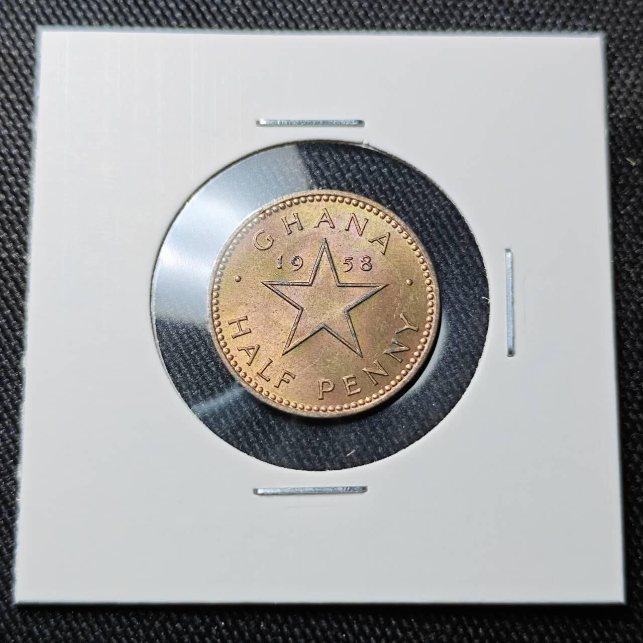 KK钱币收藏小铺 （套币 好品/批量散币 银币）专场  2月预留时间 周末发货  1958加纳1/2比塞瓦铜币 带彩漂亮