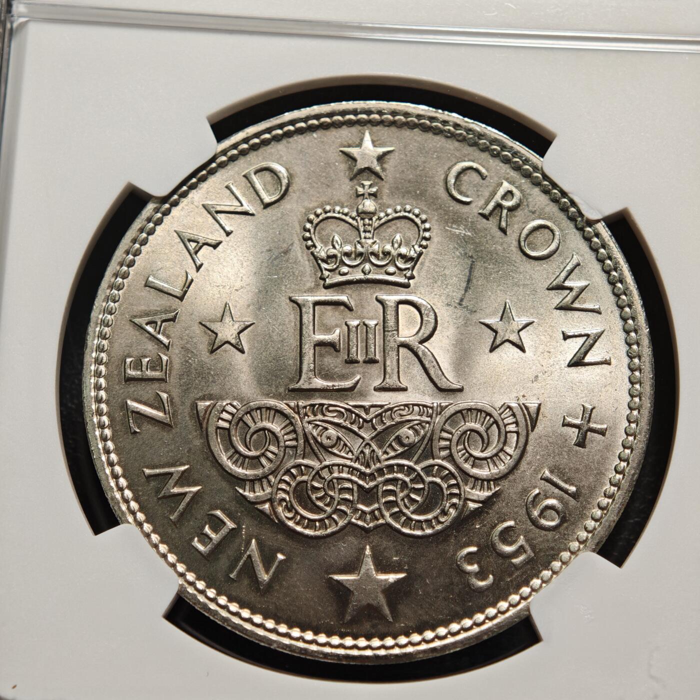 【德藏】世界币章拍卖第155期（拍品征集中~欢迎藏友联系） 1953年 新西兰伊丽莎白二世女王加冕纪念克朗镍币 NGC MS63 原光极强