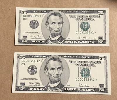 【礼羽收藏】🌏世界钱币拍卖第113期 - 03年大头5美元补号两张连号unc品相