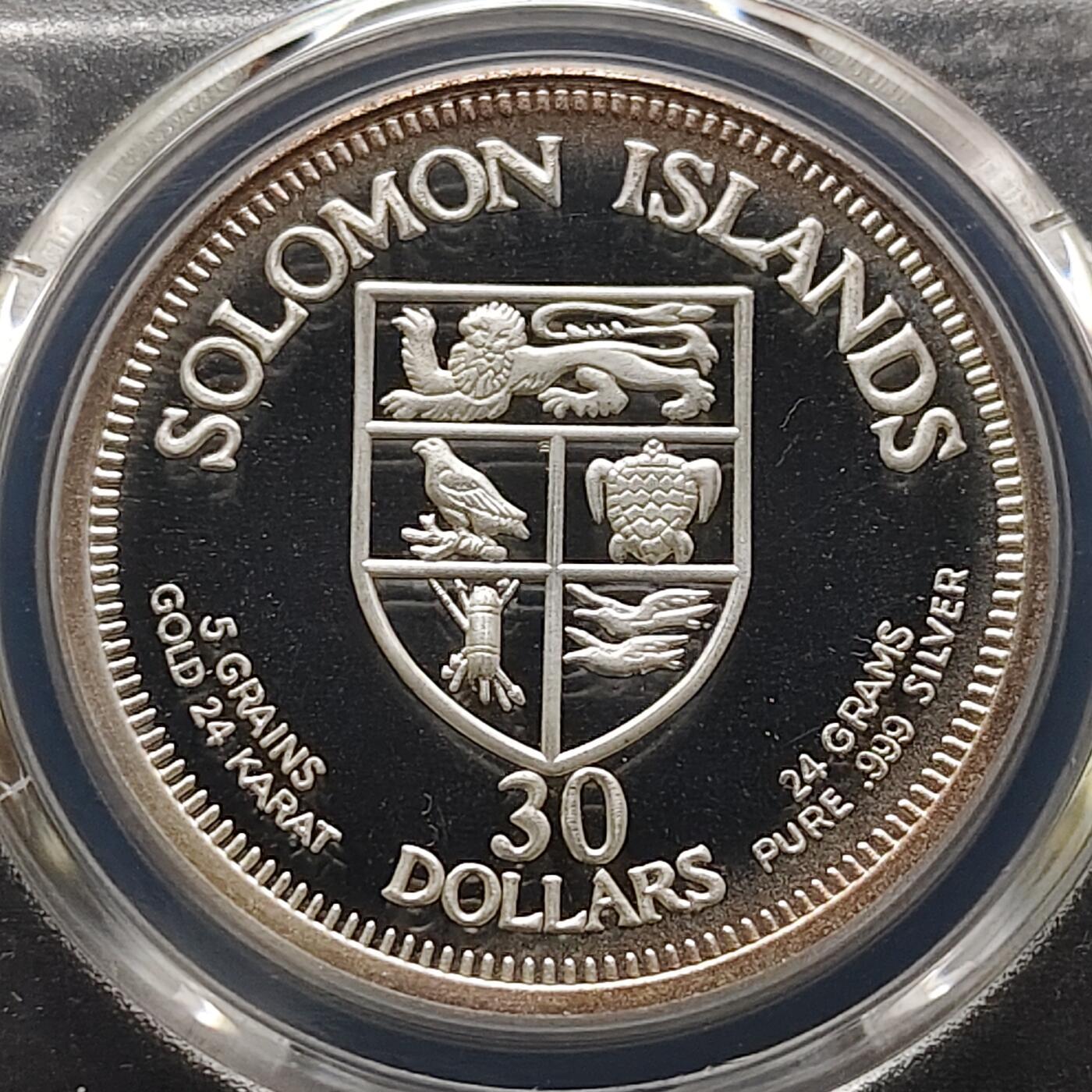 【全场包邮】纯粹捡漏拍481场（免费代拍第18场） 所罗门群岛1975年30元独立局部镀金精制克朗型纪念银币-PCGS PR66 DCAM