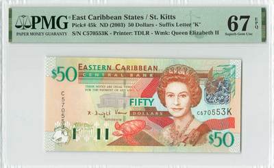 小福收藏拍卖第196期 评级币精选场 本期有68分倒置号布隆迪世界最大纸币 泰国69年10铢纪念钞0A冠百位倒置号  文莱06年500吉令特首年首冠 丹麦经典大松鼠 俄罗斯 玻利维亚 东加勒比 亚美尼亚等多国精美高分珍稀老钞精品纸币 - 东加勒比（K) 圣基茨 2003年 50元 国别很少见 PMG67 EPQ 亚军分(冠军分仅2枚）