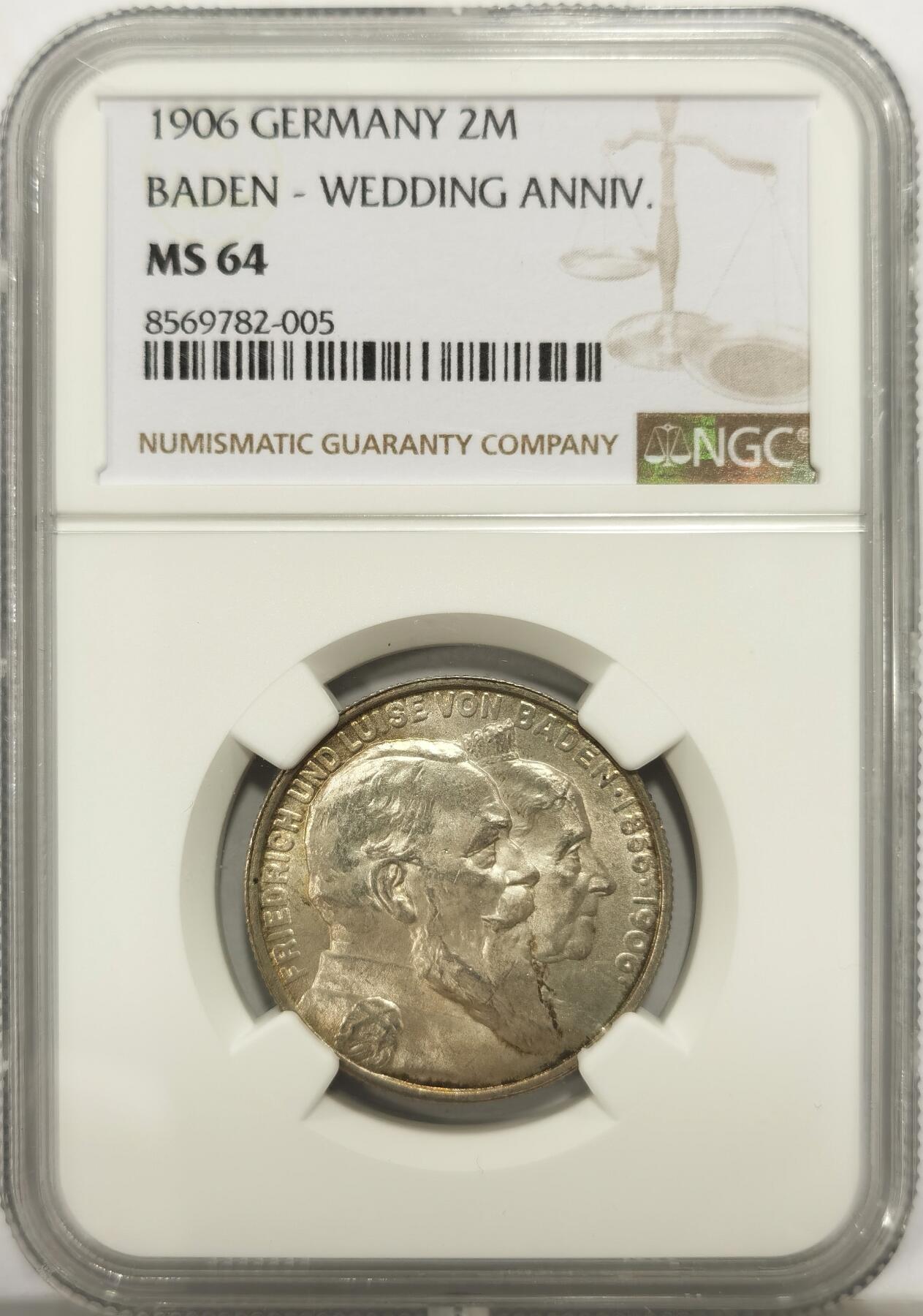 博洋堂世界钱币拍卖第149期（全场包邮） NGC MS64 德国巴登1906年金婚纪念2马克银币