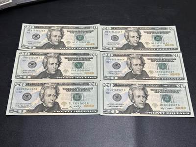 《外钞收藏家》第五百八十八期（优质场）（本平台长期征集拍品、欢迎藏友们联系合作） - 美国彩版20美元 五个年份 六张一起 全新UNC