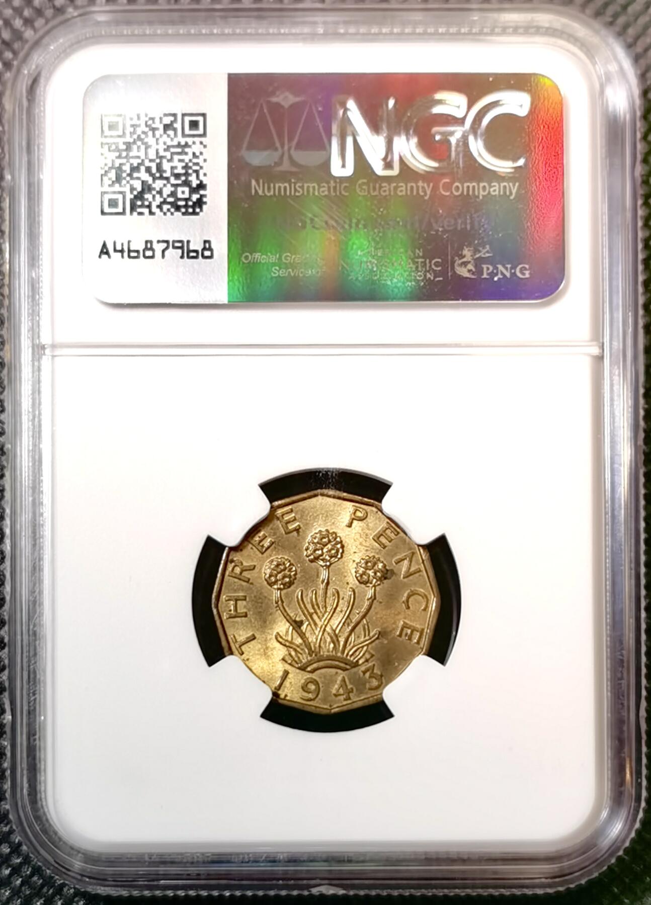 甄臻铺-世界币章拍卖（第40期）送拍享返佣金等优惠多多 NGC-MS63 英国1943乔治六世三便士铜币，有趣的十二边形设计，状态不错