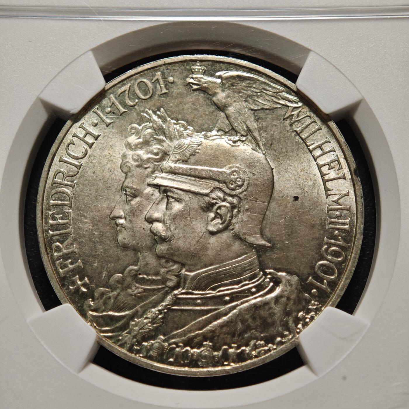 【德藏】世界币章拍卖第155期（拍品征集中~欢迎藏友联系） 1901年 德国普鲁士建国200周年5马克银币 NGC MS63 状态极佳 淡包浆 转光十足