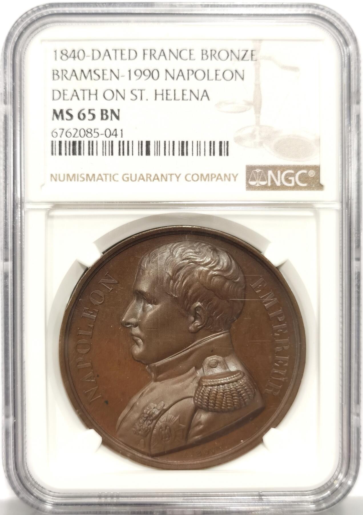博洋堂世界钱币拍卖第149期（全场包邮） NGC MS65 超高分拿破仑1840年魂归圣赫勒拿纪念大铜章。原铸款拿破仑纪念大铜，背面是圣赫勒拿最后的安息地风景。外拍63分都很贵的品种！