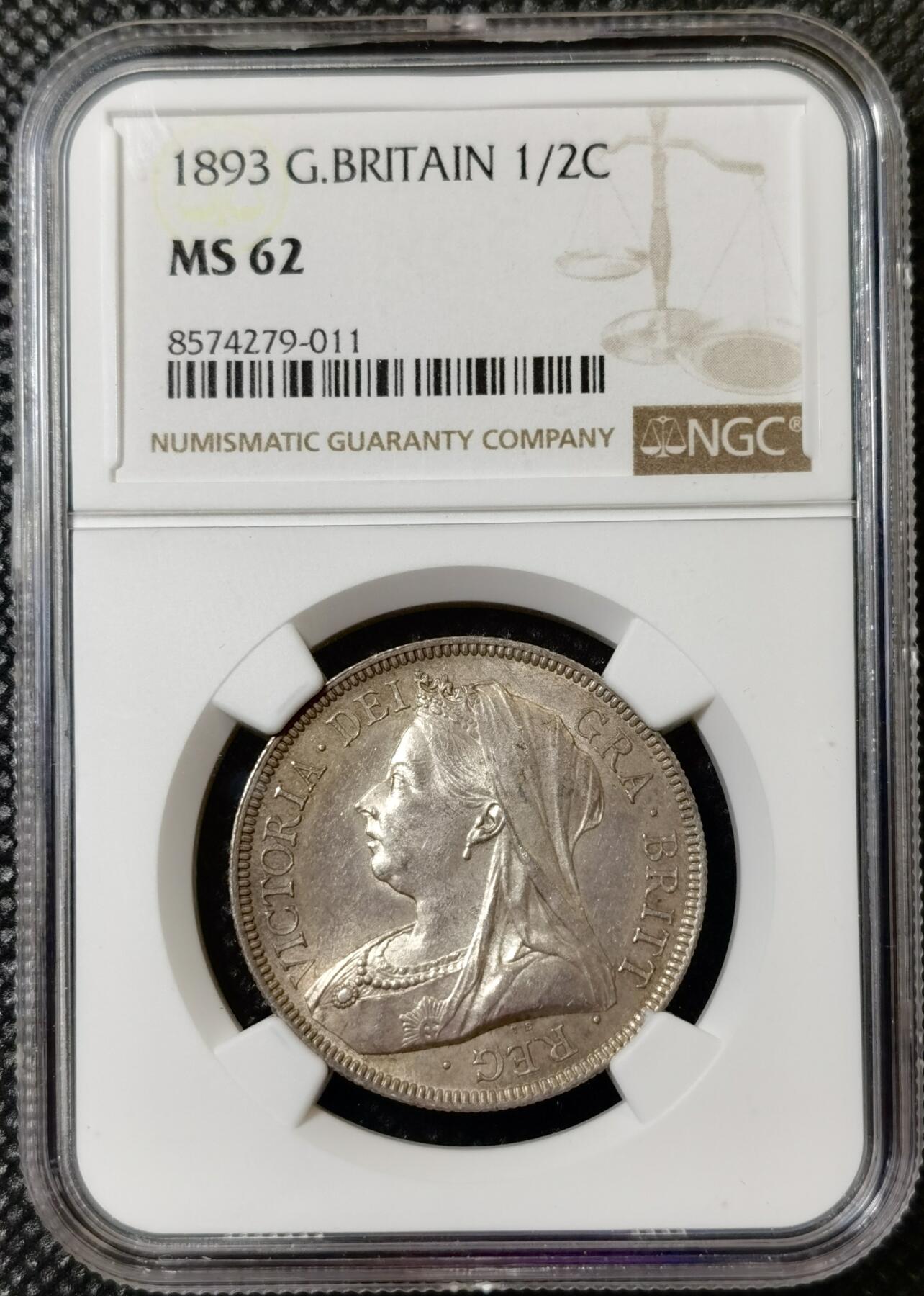 甄臻铺-世界币章拍卖（第40期）送拍享返佣金等优惠多多 NGC-MS62 英国1893年维多利亚披纱半克朗银币 状态很好 老包浆