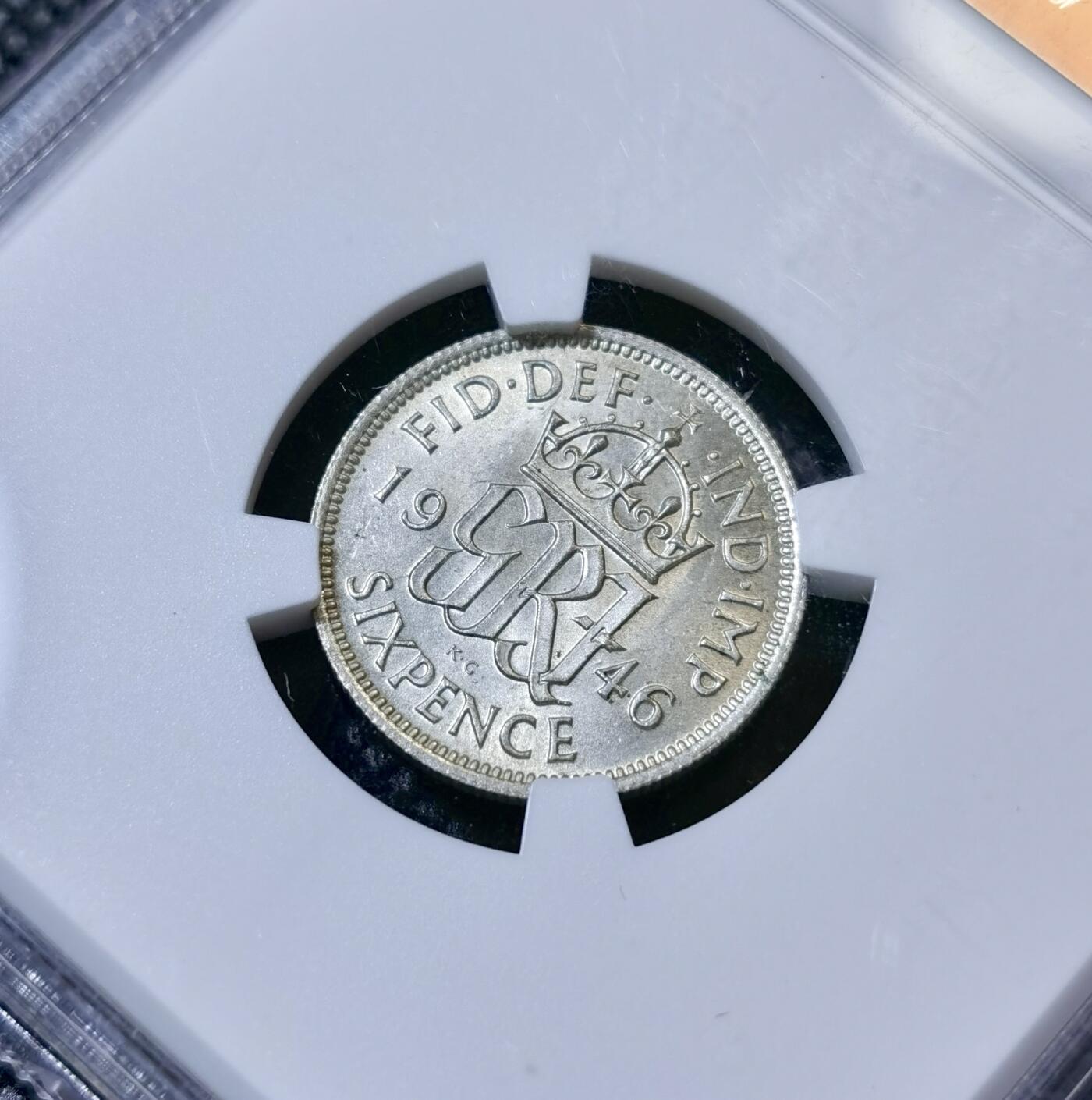 甄臻铺-世界币章拍卖（第40期）送拍享返佣金等优惠多多 NGC-MS64 英国1946年乔治六世六便士银币，BU卷拆，爱情幸运币寓意好，可藏状态