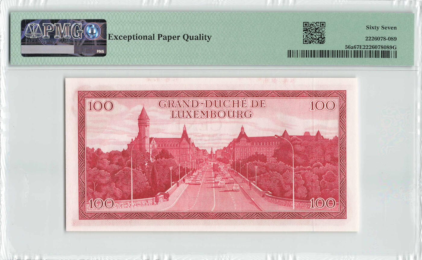 小福收藏拍卖第196期 评级币精选场 本期有68分倒置号布隆迪世界最大纸币 泰国69年10铢纪念钞0A冠百位倒置号  文莱06年500吉令特首年首冠 丹麦经典大松鼠 俄罗斯 玻利维亚 东加勒比 亚美尼亚等多国精美高分珍稀老钞精品纸币 卢森堡 1970年 100法郎 该版最高值 PMG67 EPQ 亚军分