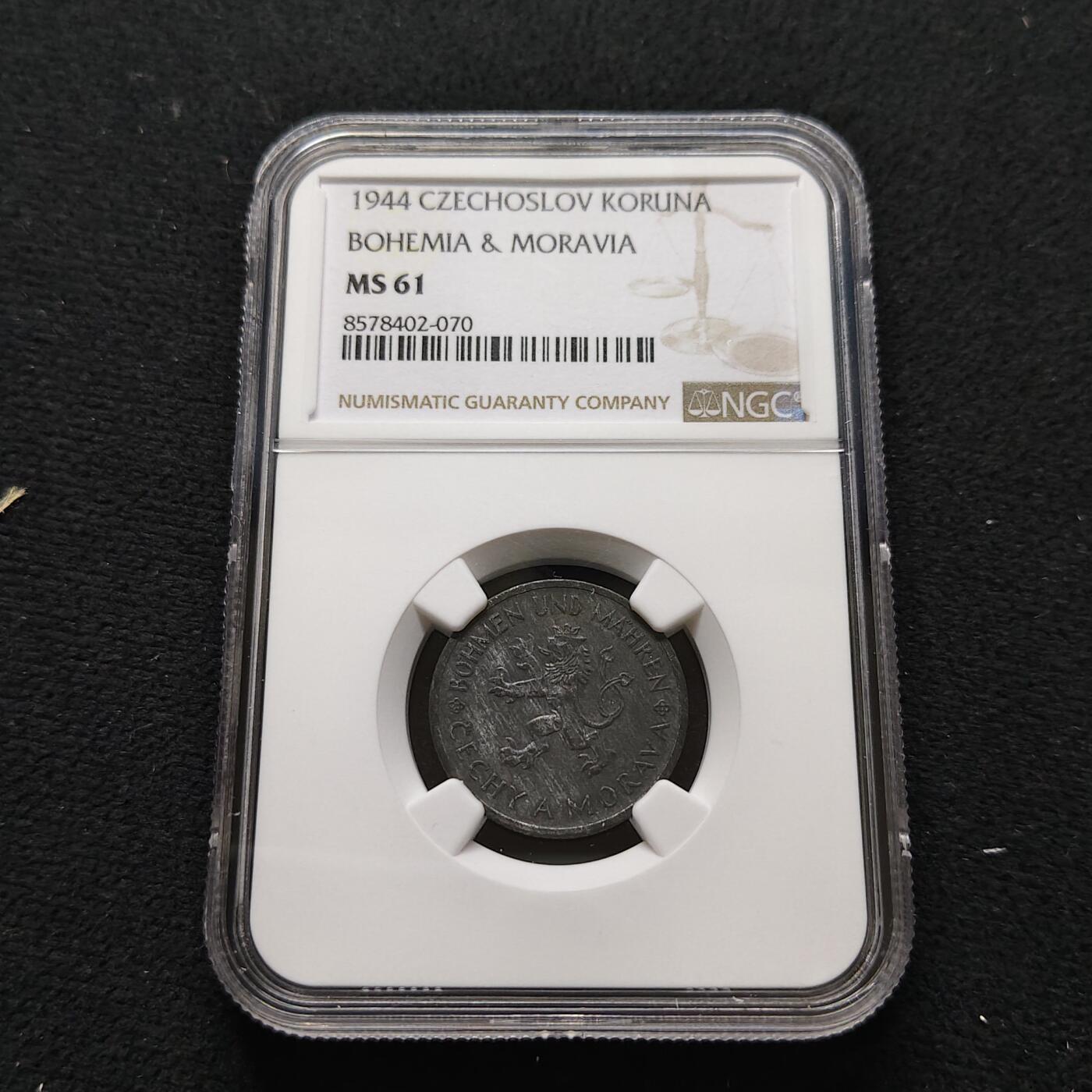 【全场包邮】纯粹捡漏拍481场（免费代拍第18场） 波西米亚和摩拉维亚1944年1科罗娜锌币-NGC MS61
