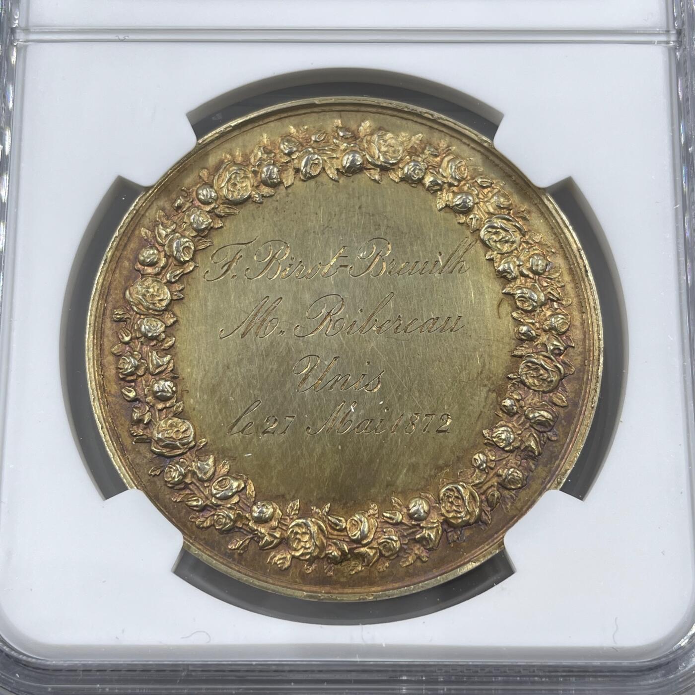 「木头集藏」章牌精品专场！ PETIT～1872年法国婚礼纪念镀金大版银章，直径：39.5mm，25 g，边铭：蜜蜂 ARGENT，1872年刻字。