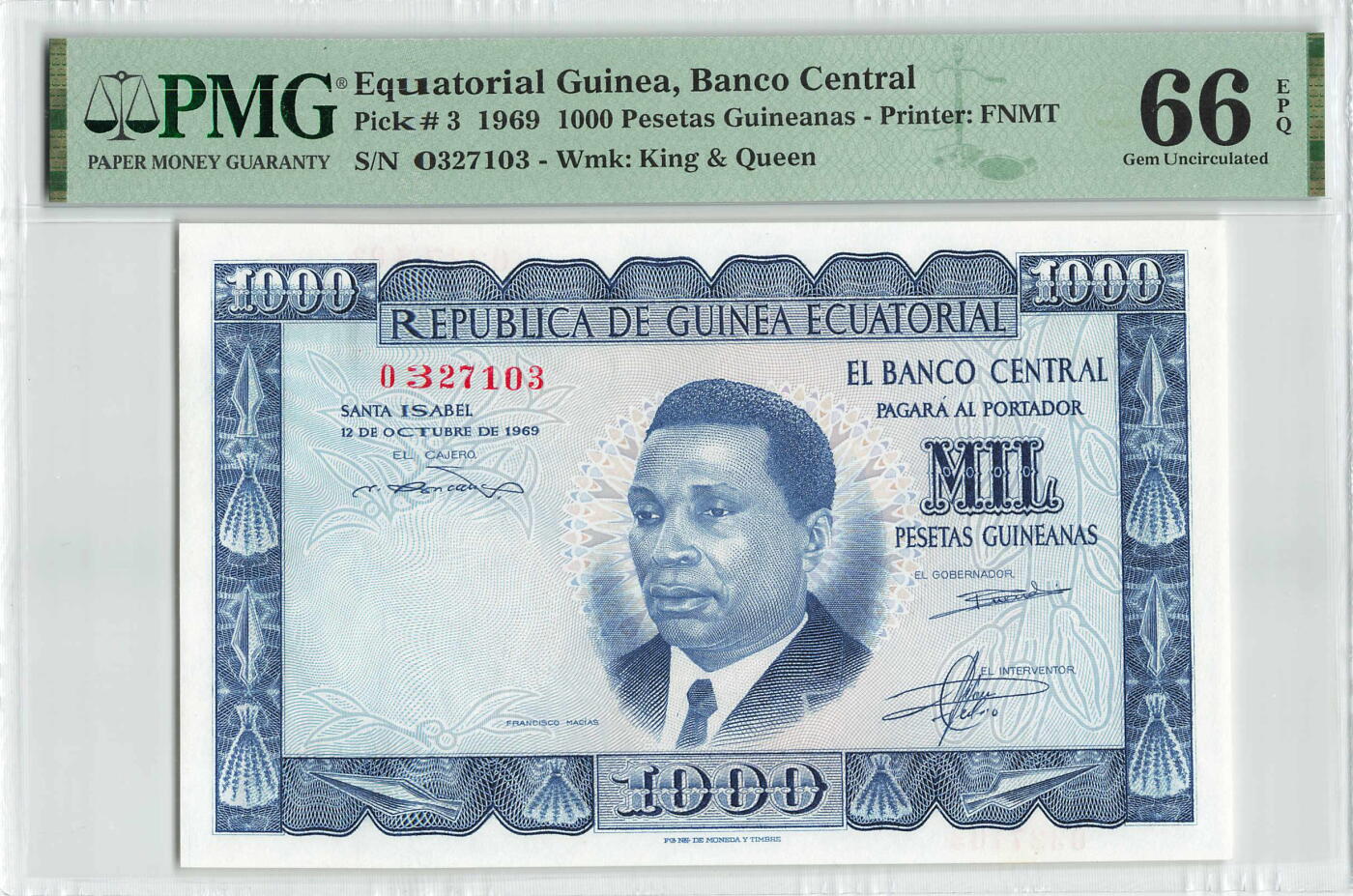 小福收藏拍卖第196期 评级币精选场 本期有68分倒置号布隆迪世界最大纸币 泰国69年10铢纪念钞0A冠百位倒置号  文莱06年500吉令特首年首冠 丹麦经典大松鼠 俄罗斯 玻利维亚 东加勒比 亚美尼亚等多国精美高分珍稀老钞精品纸币 赤道几内亚 1969年 1000比塞塔 该国首套纸币 四大暴君之一马西埃 最高值 PMG66 EPQ 季军分