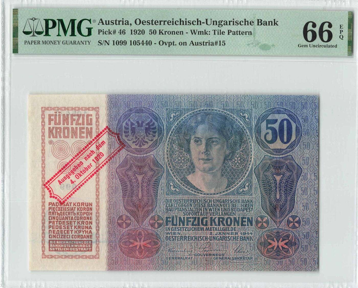 小福收藏拍卖第196期 评级币精选场 本期有68分倒置号布隆迪世界最大纸币 泰国69年10铢纪念钞0A冠百位倒置号  文莱06年500吉令特首年首冠 丹麦经典大松鼠 俄罗斯 玻利维亚 东加勒比 亚美尼亚等多国精美高分珍稀老钞精品纸币 奥地利 1920年 50克朗 很少见 PMG66 EPQ 亚军分