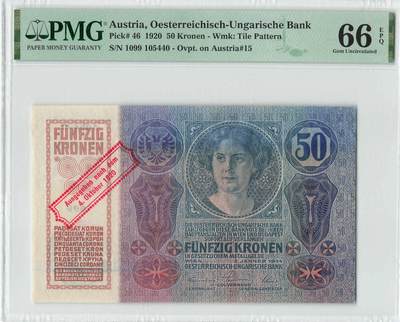 小福收藏拍卖第196期 评级币精选场 本期有68分倒置号布隆迪世界最大纸币 泰国69年10铢纪念钞0A冠百位倒置号  文莱06年500吉令特首年首冠 丹麦经典大松鼠 俄罗斯 玻利维亚 东加勒比 亚美尼亚等多国精美高分珍稀老钞精品纸币 - 奥地利 1920年 50克朗 很少见 PMG66 EPQ 亚军分