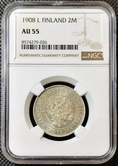 甄臻铺-世界币章拍卖（第40期）送拍享返佣金等优惠多多 - NGC-AU55 1908年俄属芬兰2马克银币 少见年份面值 低评状态 转光极佳