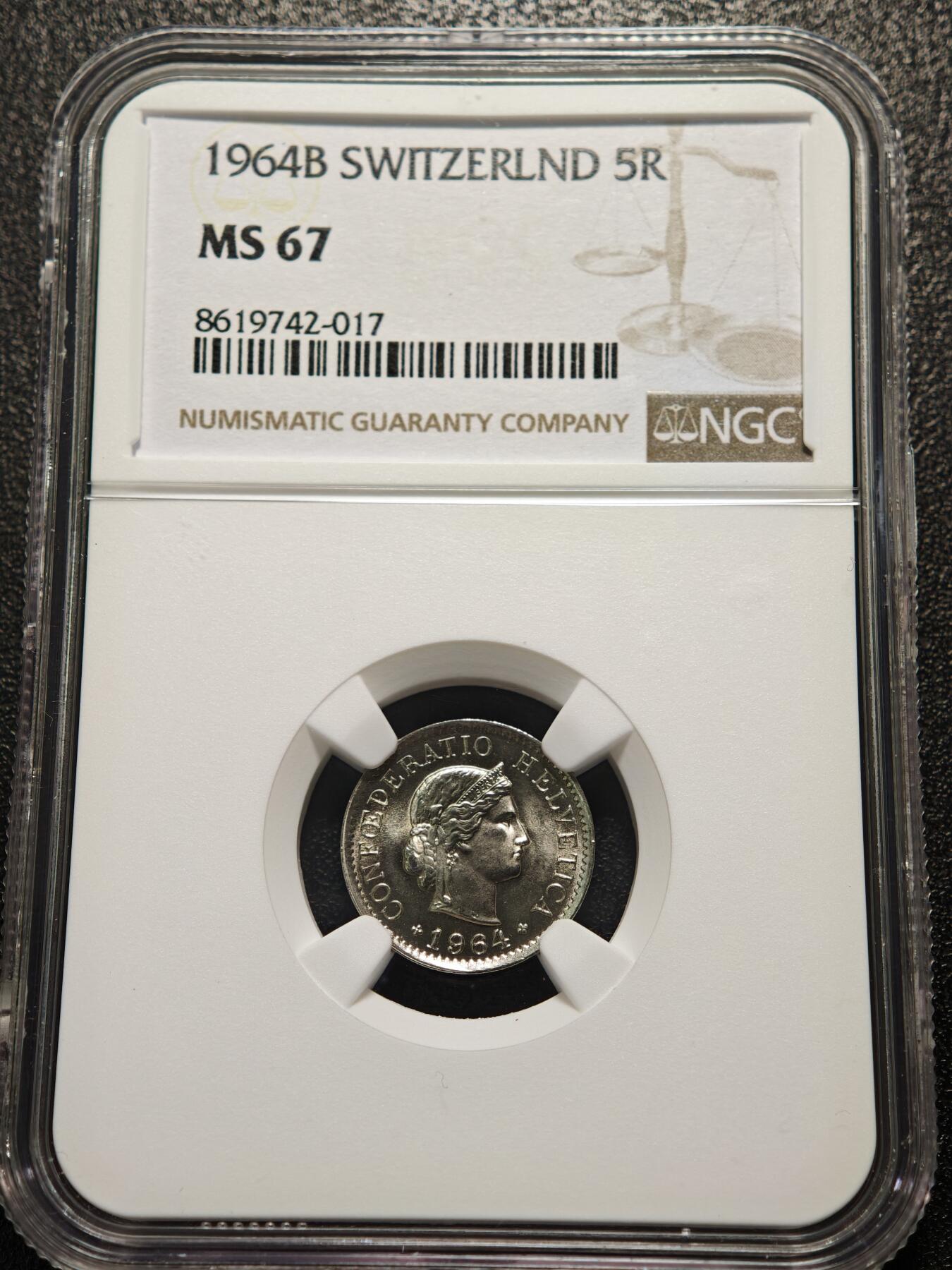 【德藏】世界币章拍卖第155期（拍品征集中~欢迎藏友联系） 1964年 瑞士5生丁海尔维蒂女神镍币 NGC MS67 原光十足