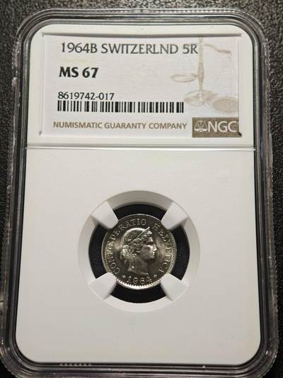 【德藏】世界币章拍卖第155期（拍品征集中~欢迎藏友联系） - 1964年 瑞士5生丁海尔维蒂女神镍币 NGC MS67 原光十足