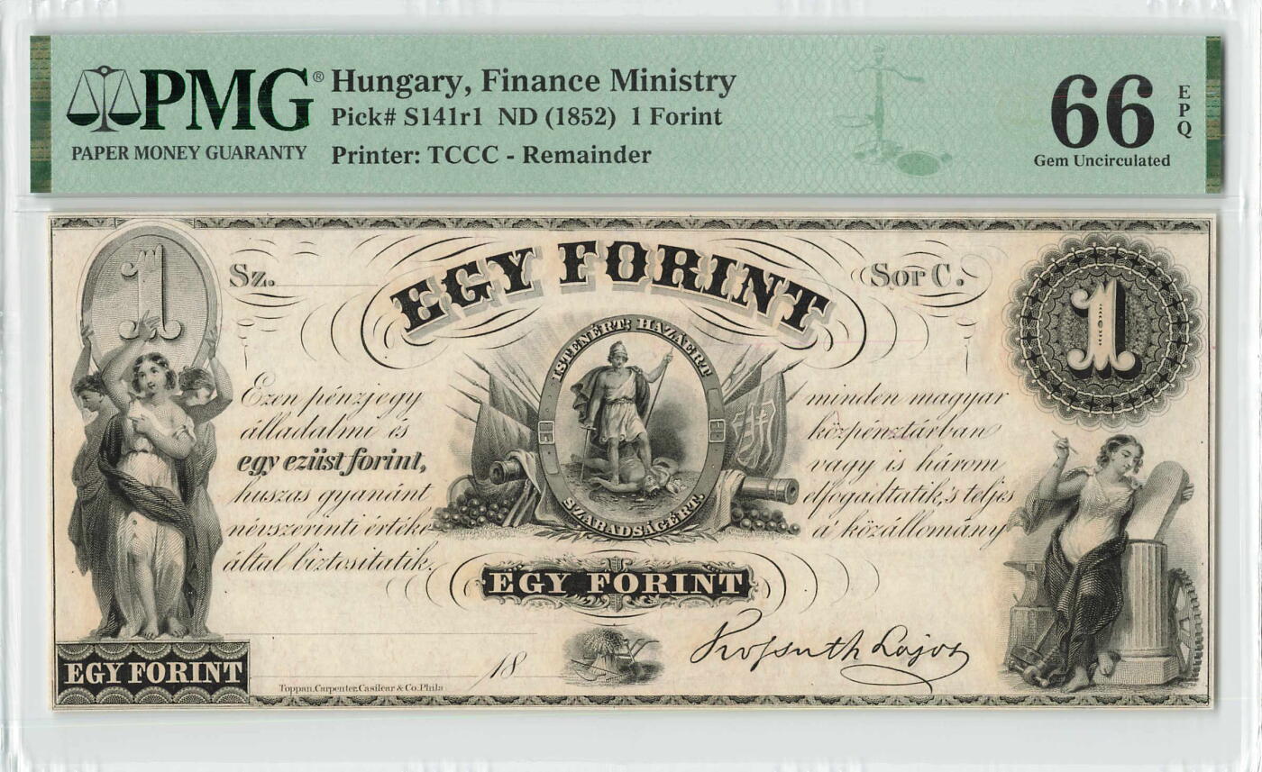 小福收藏拍卖第196期 评级币精选场 本期有68分倒置号布隆迪世界最大纸币 泰国69年10铢纪念钞0A冠百位倒置号  文莱06年500吉令特首年首冠 丹麦经典大松鼠 俄罗斯 玻利维亚 东加勒比 亚美尼亚等多国精美高分珍稀老钞精品纸币 匈牙利 1852年 1福林 173年老钞 精美 PMG66 EPQ 冠军分！！！