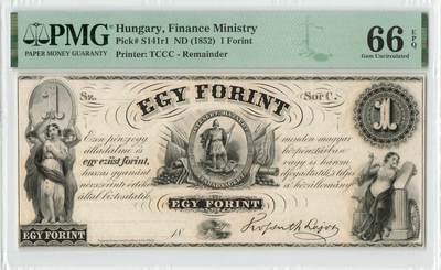 小福收藏拍卖第196期 评级币精选场 本期有68分倒置号布隆迪世界最大纸币 泰国69年10铢纪念钞0A冠百位倒置号  文莱06年500吉令特首年首冠 丹麦经典大松鼠 俄罗斯 玻利维亚 东加勒比 亚美尼亚等多国精美高分珍稀老钞精品纸币 - 匈牙利 1852年 1福林 173年老钞 精美 PMG66 EPQ 冠军分！！！