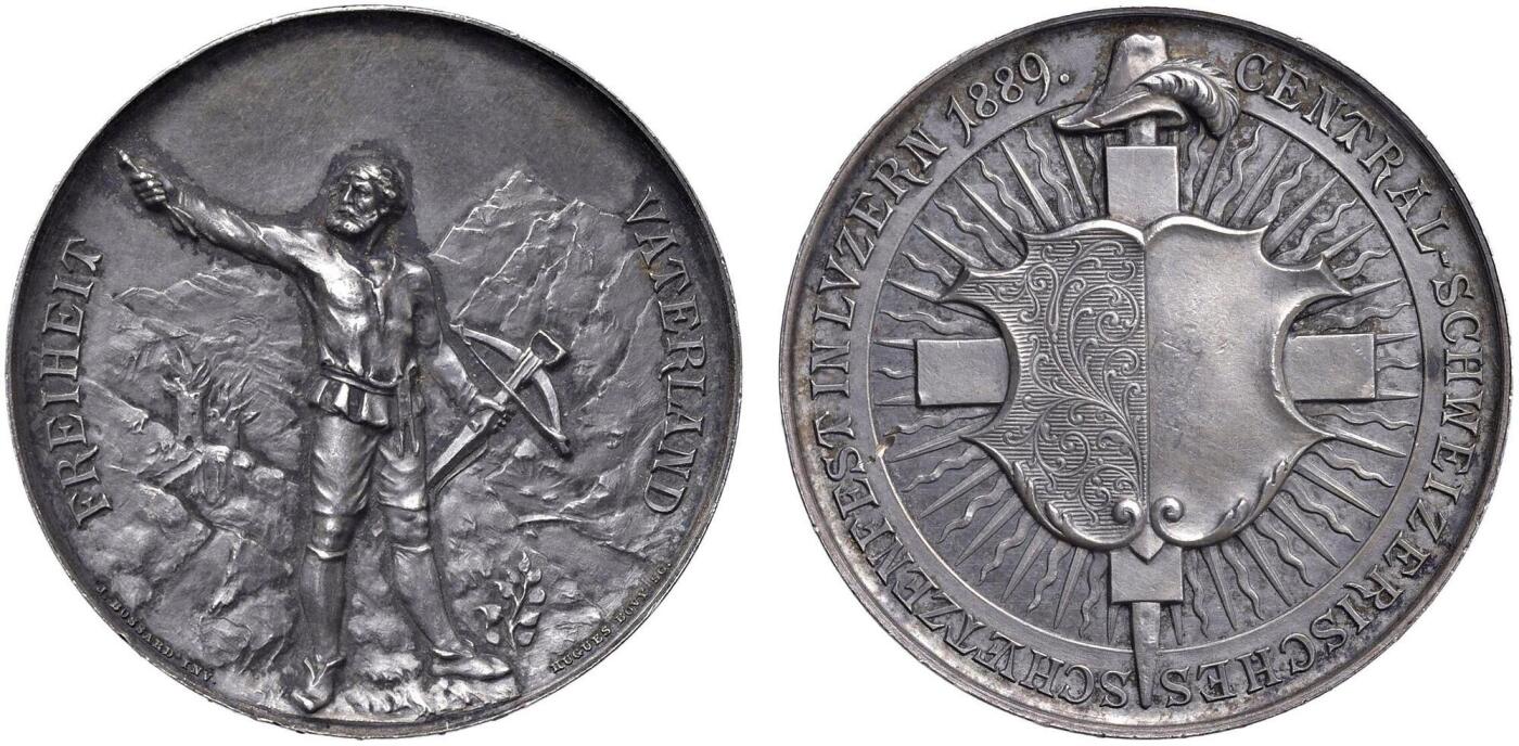 「木头集藏」章牌精品专场！ Bovy~1889年瑞士卢塞恩射击节银章， MS61 ，直径:45mm，NGC加厚盒，分数略低评。高浮雕非常精美，整个人物呼之欲出，特别是人物头部的雕刻，已经不是平面的浮雕了，而几乎是立体的圆雕，可以说是体现瑞士射击节章牌高超艺术水准和铸造工艺的代表作品。