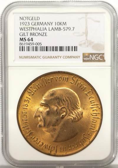 博洋堂世界钱币拍卖第149期（全场包邮） - NGC MS64 德国紧急状态威斯特法伦10000马克大马币，镀金层完整，转光强烈。金水很足，币面散发出耀眼光泽。