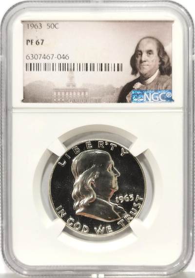 博洋堂世界钱币拍卖第149期（全场包邮） - NGC PF67 美国1963年富兰克林半美元精制银币，PROOF精制币，币面清爽干净又漂亮，状态极佳，顶级高分，官方市场指导价70美元。