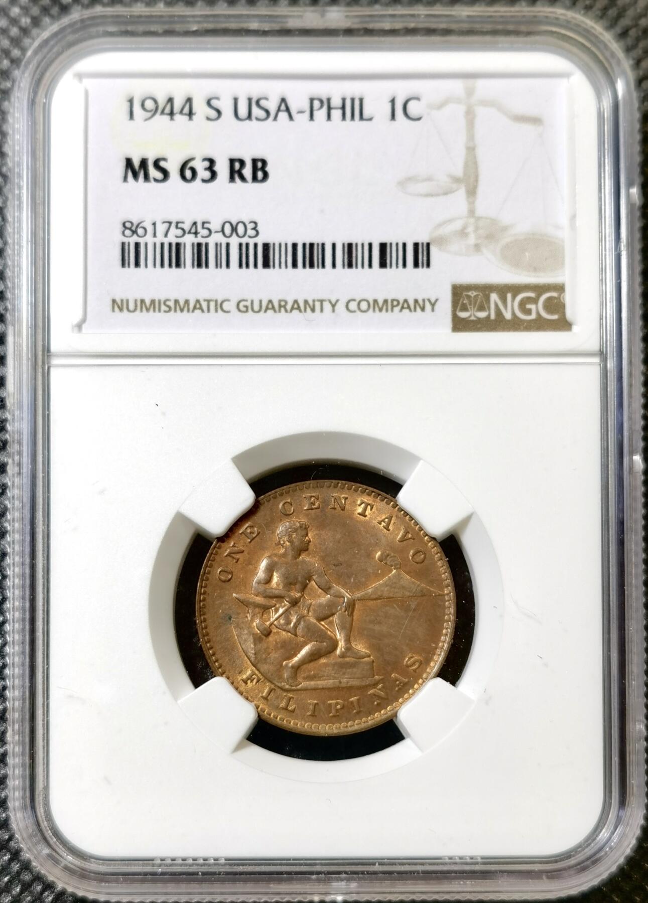 甄臻铺-世界币章拍卖（第40期）送拍享返佣金等优惠多多 NGC-MS63RB 1944年美属菲律宾1分铜币