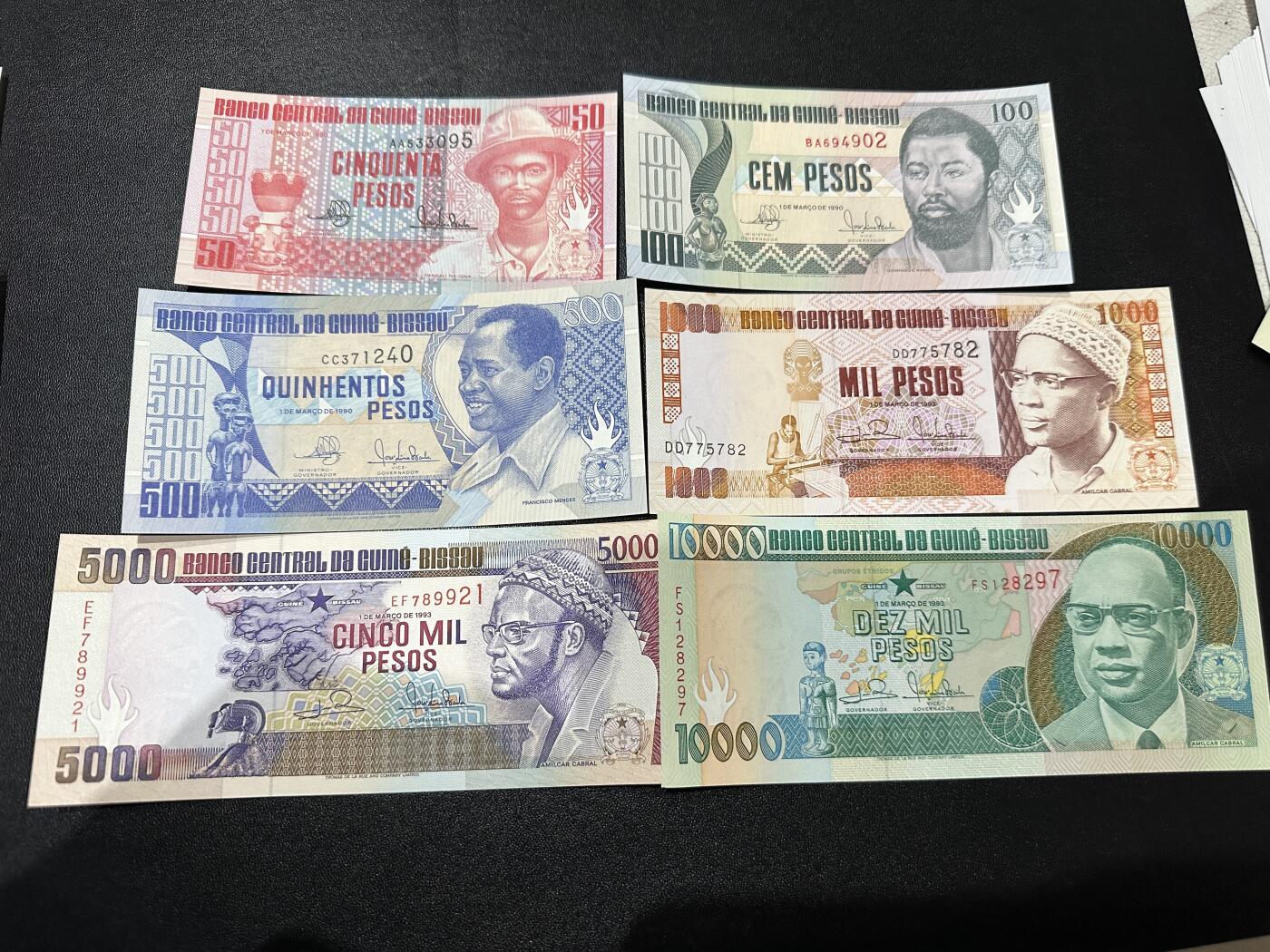 《外钞收藏家》第五百八十八期（优质场）（本平台长期征集拍品、欢迎藏友们联系合作） 几内亚比绍1990-1993年6张全套(50-10000比索，凑齐不易)	UNC