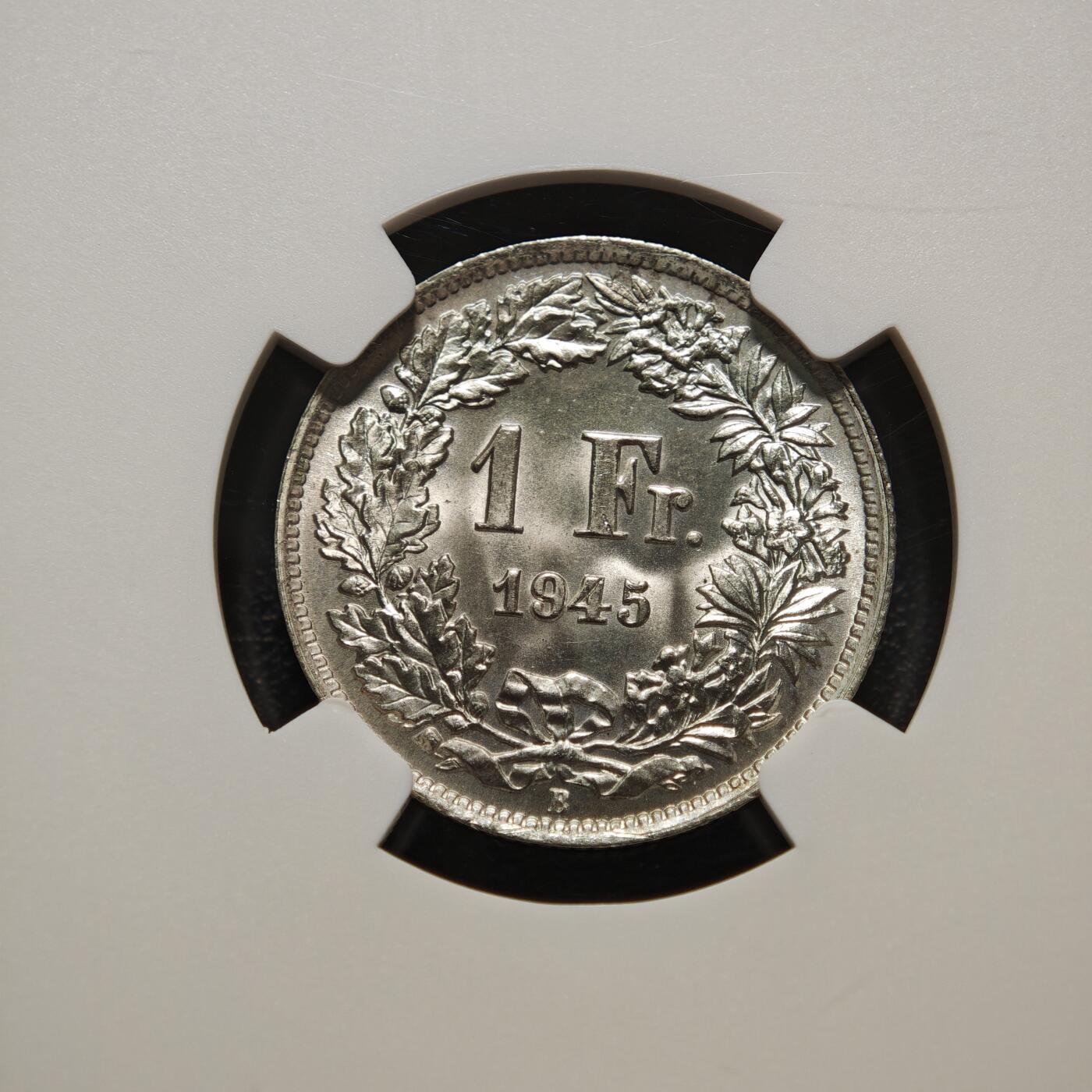 【德藏】世界币章拍卖第155期（拍品征集中~欢迎藏友联系） 冠军分！1945年 瑞士1法郎银币 NGC MS67 原光十足 状态极佳