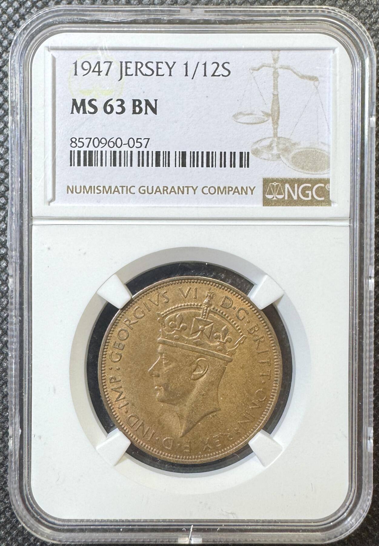 甄臻铺-世界币章拍卖（第40期）送拍享返佣金等优惠多多 NGC-MS63BN 英属泽西岛1947 1/12先令铜币，比本土便士少很多，状态极好