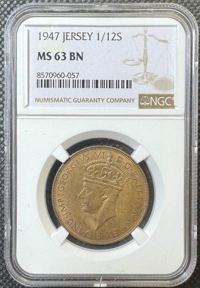 甄臻铺-世界币章拍卖（第40期）送拍享返佣金等优惠多多 - NGC-MS63BN 英属泽西岛1947 1/12先令铜币，比本土便士少很多，状态极好