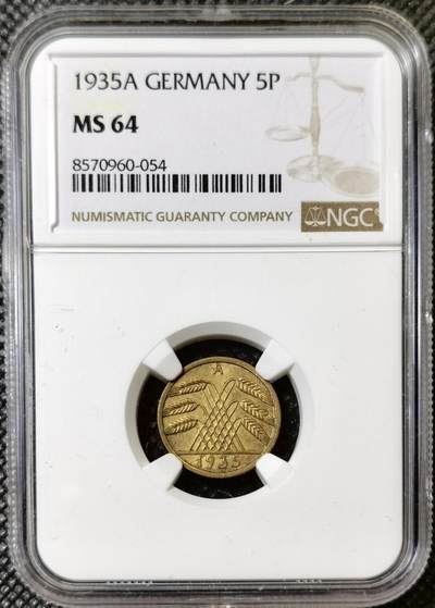 甄臻铺-世界币章拍卖（第40期）送拍享返佣金等优惠多多 - NGC-MS64 魏玛德国1935A五芬尼铜币，卷拆品相，可藏