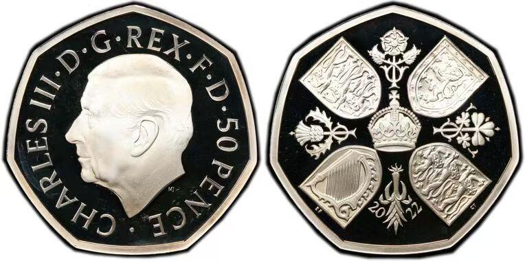 长老汇蛇年精选第七十九场拍卖 2022查尔斯三世头像英国50便士精制纪念银币 伊丽莎白登基70周年，PCGS PR69DCAM，同分12枚，更高分6枚，70分的eBay 2023年拍卖价1235元