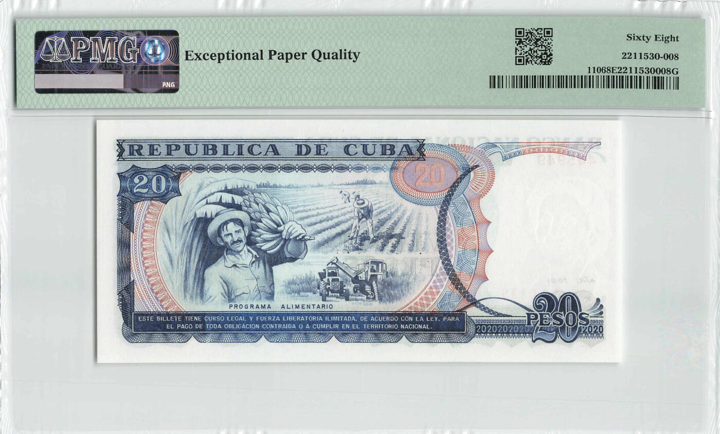 小福收藏拍卖第196期 评级币精选场 本期有68分倒置号布隆迪世界最大纸币 泰国69年10铢纪念钞0A冠百位倒置号  文莱06年500吉令特首年首冠 丹麦经典大松鼠 俄罗斯 玻利维亚 东加勒比 亚美尼亚等多国精美高分珍稀老钞精品纸币 古巴 1991年 20比索 中国代印 数3 PMG68 EPQ 唯2冠军分 ！！！