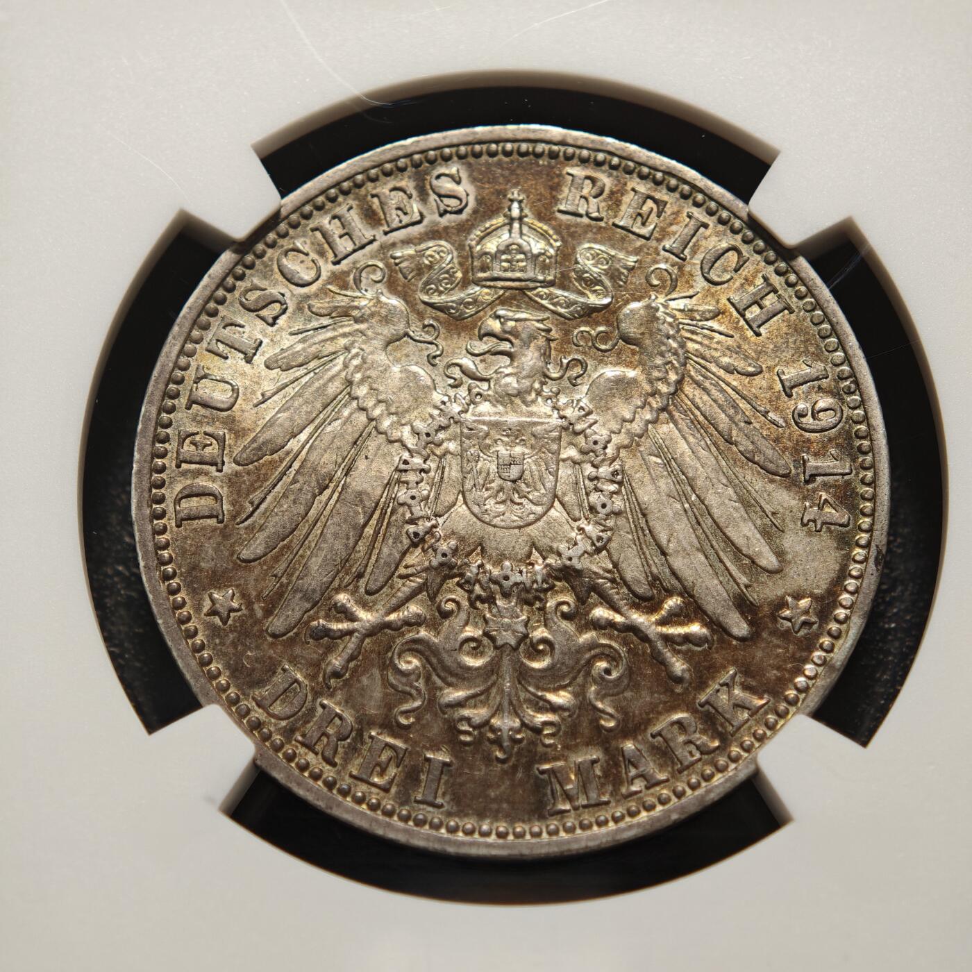 【德藏】世界币章拍卖第155期（拍品征集中~欢迎藏友联系） 1914年 德国巴伐利亚3马克银币 NGC AU53 原味深彩包浆 状态极佳