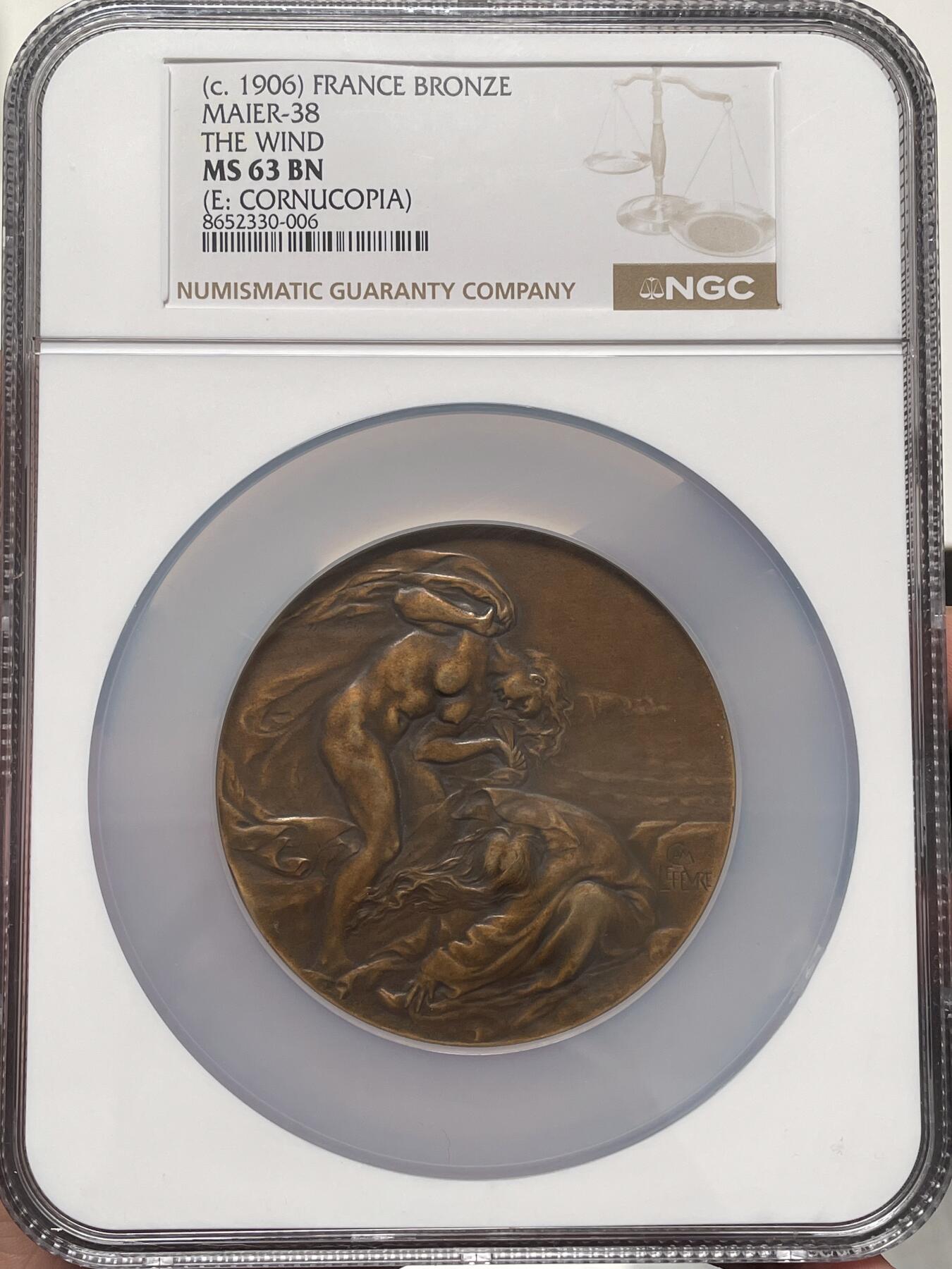 「木头集藏」章牌精品专场！ Camille Lefevre～法国SAMF协会38号作品 “风” 铜章 ， MS63 ，法兰西章牌之友协会（SAMF）1906年发行，直径：68mm，铜章发行量仅119枚，边铭：丰饶角 BRONZE 火蝾螈 限量编号78。图案完美刻画了人体和树木对抗狂风的场景。  SAMF协会章是法国新艺术章牌最杰出的代表，历来受到章牌收藏者的追捧。