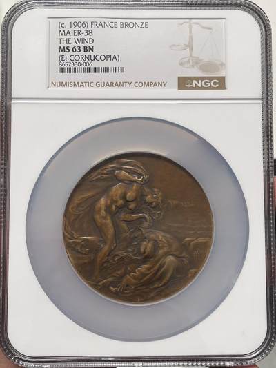 「木头集藏」章牌精品专场！ - Camille Lefevre～法国SAMF协会38号作品 “风” 铜章 ， MS63 ，法兰西章牌之友协会（SAMF）1906年发行，直径：68mm，铜章发行量仅119枚，边铭：丰饶角 BRONZE 火蝾螈 限量编号78。图案完美刻画了人体和树木对抗狂风的场景。  SAMF协会章是法国新艺术章牌最杰出的代表，历来受到章牌收藏者的追捧。