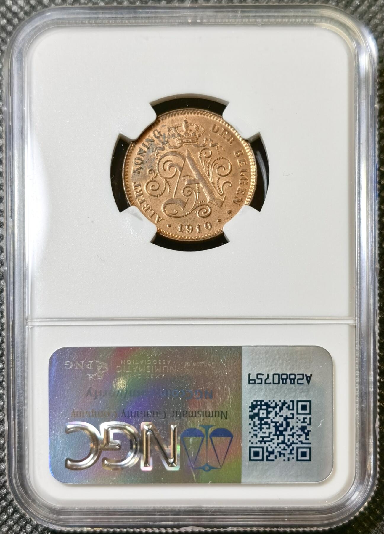 甄臻铺-世界币章拍卖（第40期）送拍享返佣金等优惠多多 NGC-MS63RB 比利时1910二分铜币，铜光四溢，经典品种，很漂亮的一枚