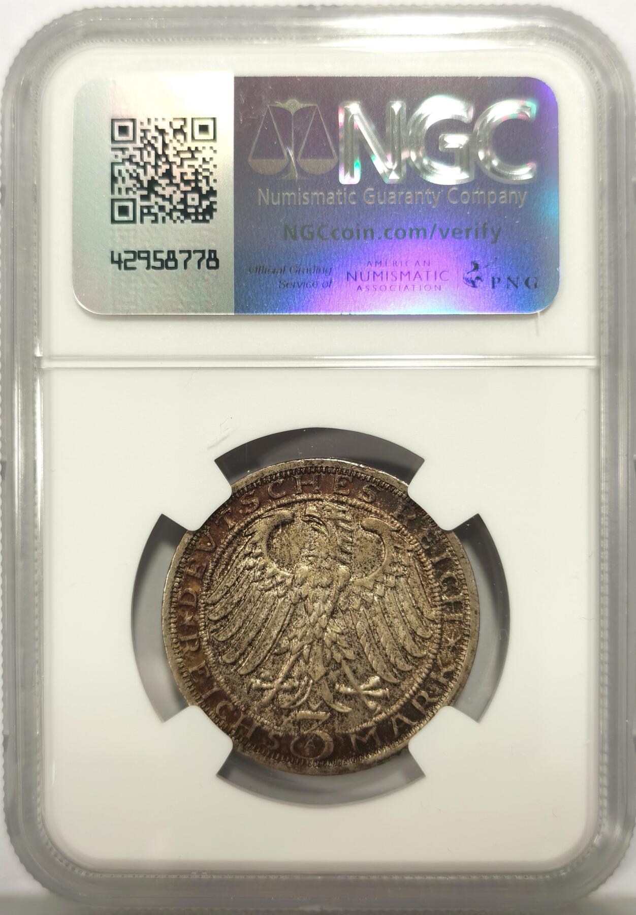 博洋堂世界钱币拍卖第149期（全场包邮） NGC MS64 德国魏玛1928年南堡3马克银币，炫彩包浆。