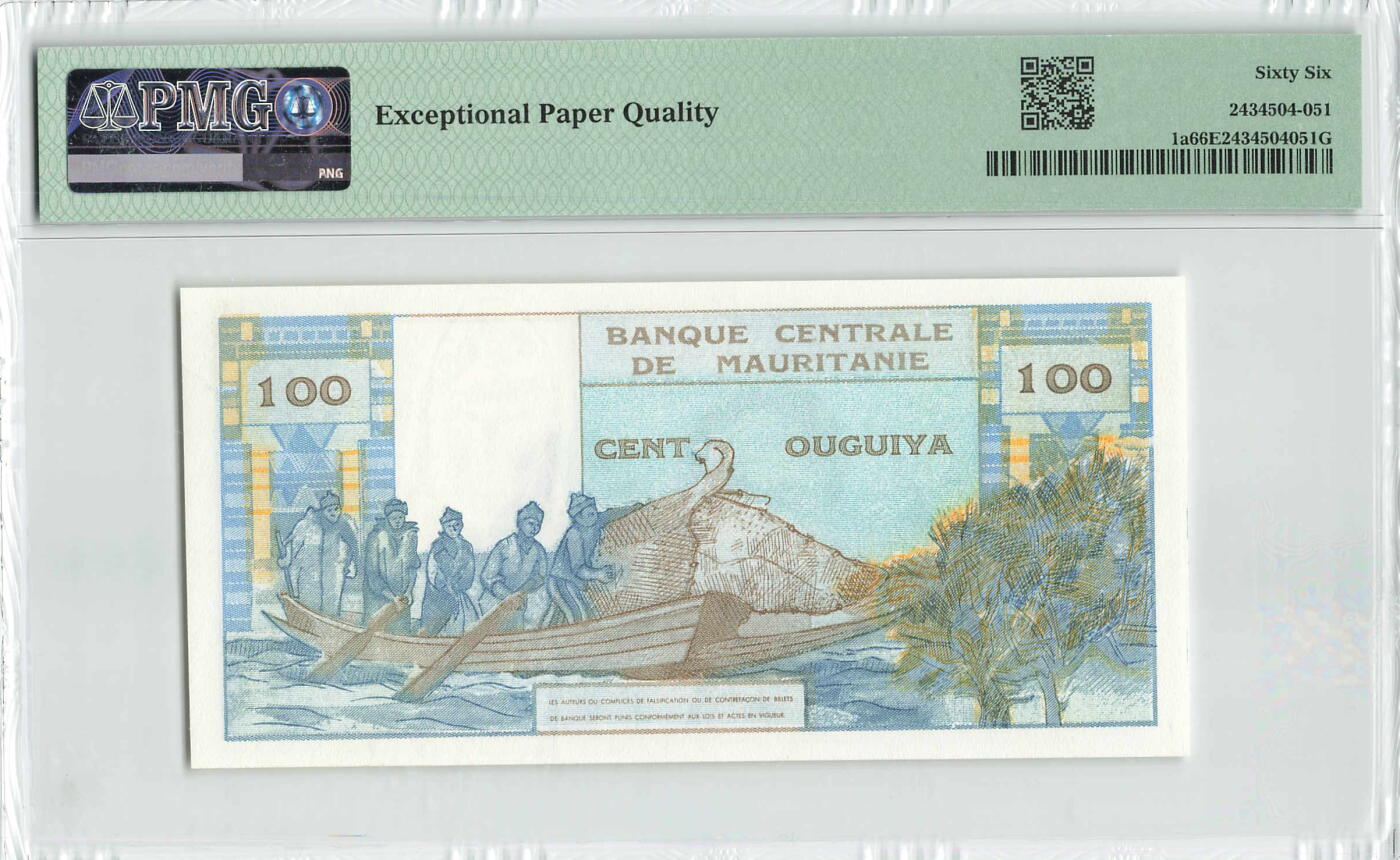 小福收藏拍卖第196期 评级币精选场 本期有68分倒置号布隆迪世界最大纸币 泰国69年10铢纪念钞0A冠百位倒置号  文莱06年500吉令特首年首冠 丹麦经典大松鼠 俄罗斯 玻利维亚 东加勒比 亚美尼亚等多国精美高分珍稀老钞精品纸币 毛里塔尼亚 1973年 100乌吉亚 该国自主发行第一张纸币 数3 豹子号777 PMG66 EPQ 季军分