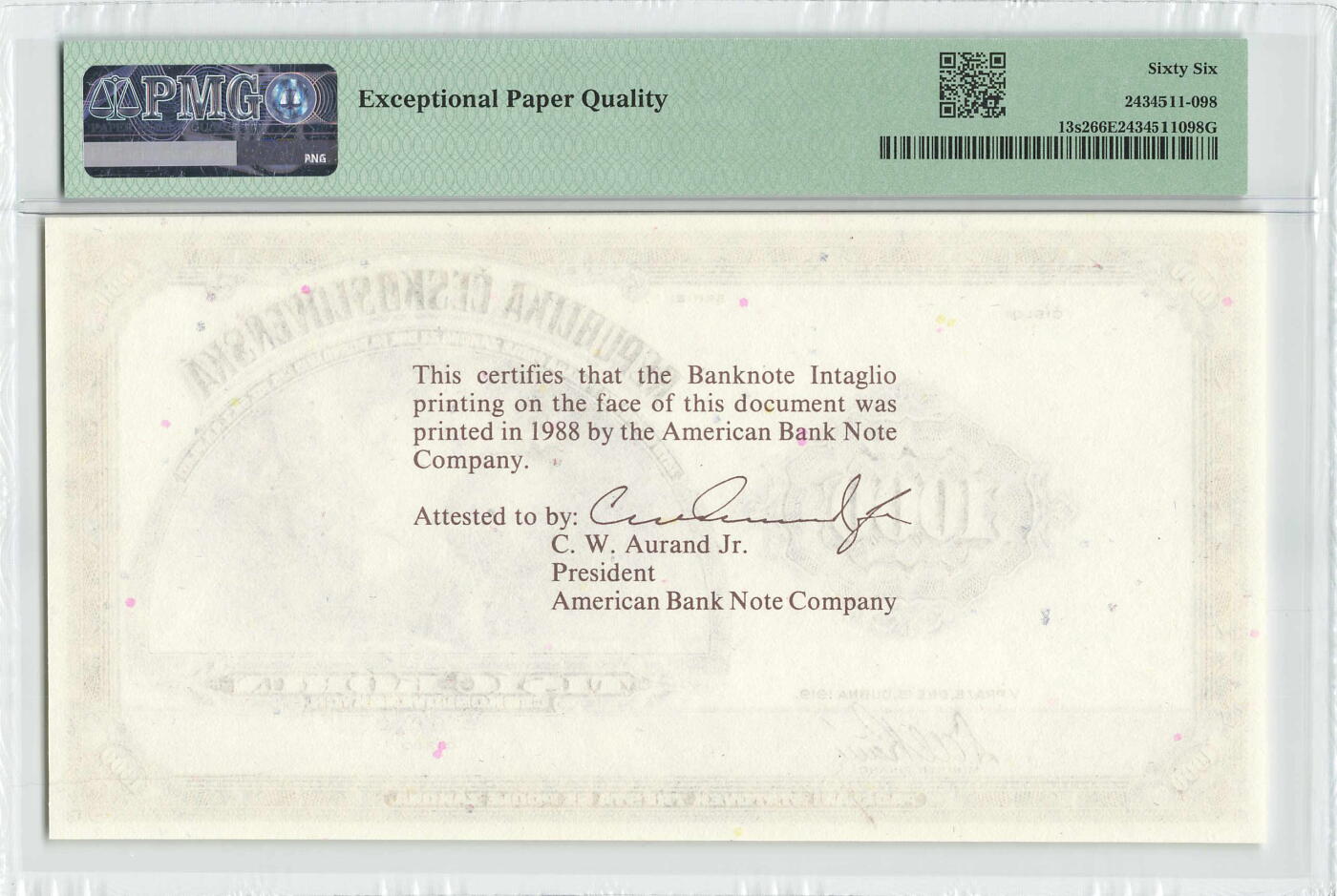 小福收藏拍卖第196期 评级币精选场 本期有68分倒置号布隆迪世界最大纸币 泰国69年10铢纪念钞0A冠百位倒置号  文莱06年500吉令特首年首冠 丹麦经典大松鼠 俄罗斯 玻利维亚 东加勒比 亚美尼亚等多国精美高分珍稀老钞精品纸币 捷克斯洛伐克 1988年 1000克朗 档案系列重印 少见 美国银行纸币公司印刷 PMG66 EPQ 亚军分