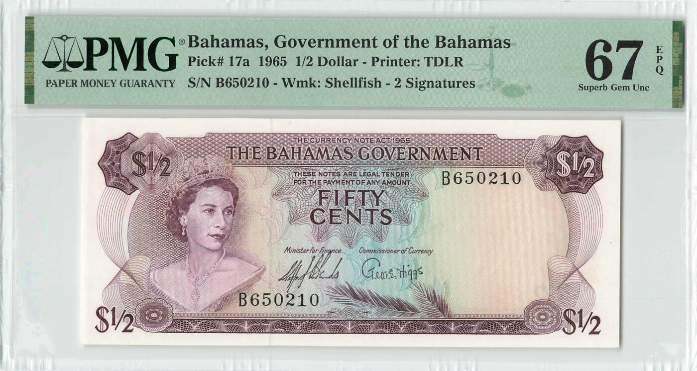 小福收藏拍卖第196期 评级币精选场 本期有68分倒置号布隆迪世界最大纸币 泰国69年10铢纪念钞0A冠百位倒置号  文莱06年500吉令特首年首冠 丹麦经典大松鼠 俄罗斯 玻利维亚 东加勒比 亚美尼亚等多国精美高分珍稀老钞精品纸币 巴哈马 1965年 1/2元 早期版本彩背 无47 PMG67 EPQ 亚军分