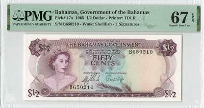 小福收藏拍卖第196期 评级币精选场 本期有68分倒置号布隆迪世界最大纸币 泰国69年10铢纪念钞0A冠百位倒置号  文莱06年500吉令特首年首冠 丹麦经典大松鼠 俄罗斯 玻利维亚 东加勒比 亚美尼亚等多国精美高分珍稀老钞精品纸币 - 巴哈马 1965年 1/2元 早期版本彩背 无47 PMG67 EPQ 亚军分