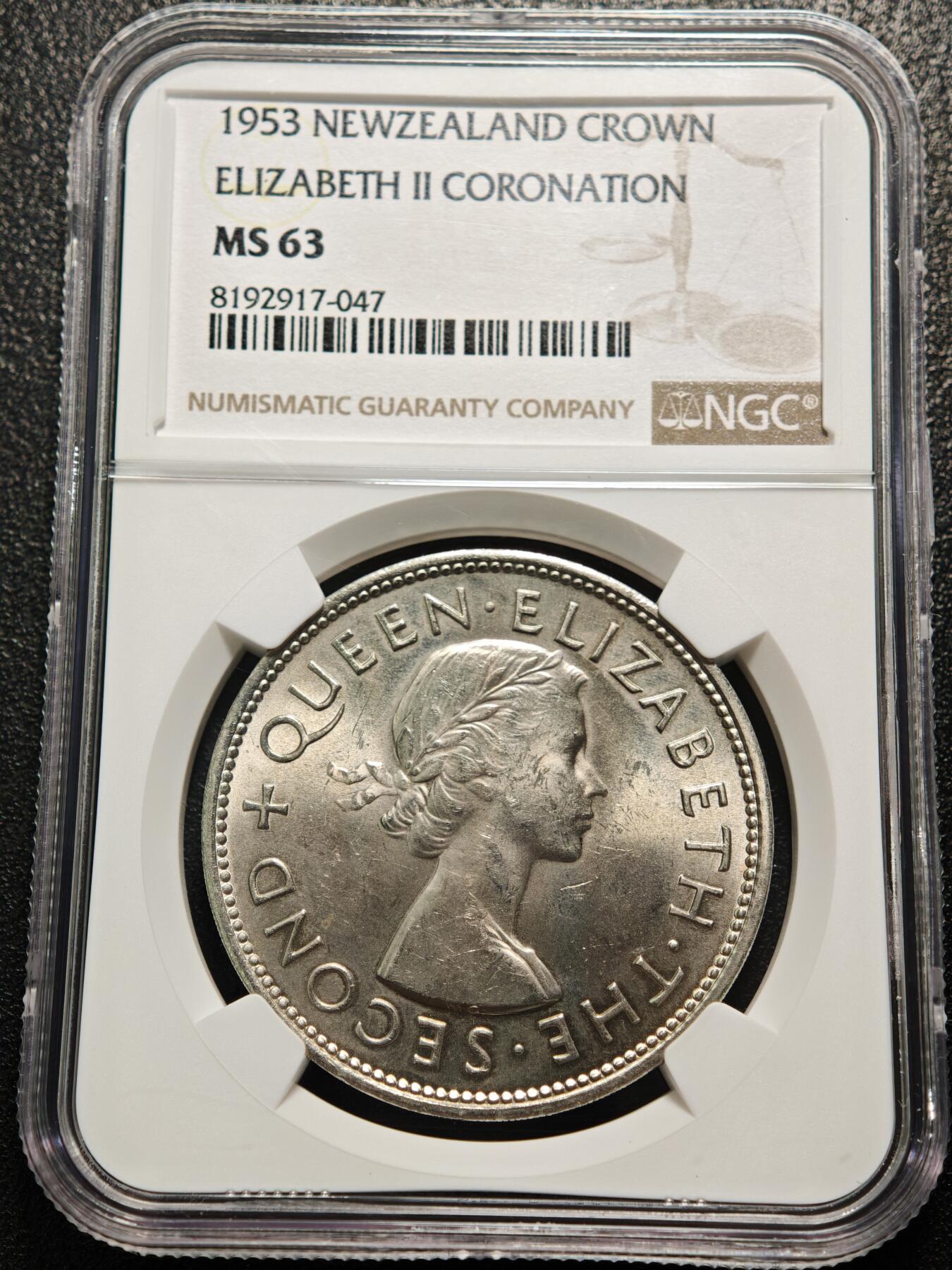 【德藏】世界币章拍卖第155期（拍品征集中~欢迎藏友联系） 1953年 新西兰伊丽莎白二世女王加冕纪念克朗镍币 NGC MS63 原光极强