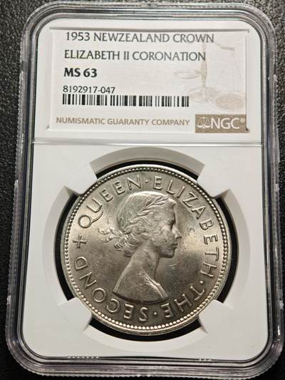 【德藏】世界币章拍卖第155期（拍品征集中~欢迎藏友联系） - 1953年 新西兰伊丽莎白二世女王加冕纪念克朗镍币 NGC MS63 原光极强