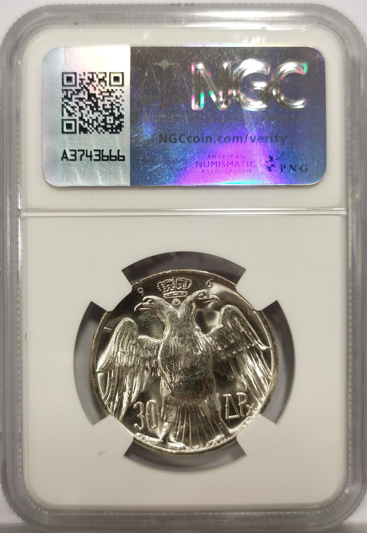 博洋堂世界钱币拍卖第149期（全场包邮） NGC MS65 希腊1964年康斯坦丁二世皇室婚礼30德拉马克银币，原汁原味银光闪闪，币面清爽干净又漂亮，转光强烈细节优秀，状态极佳。