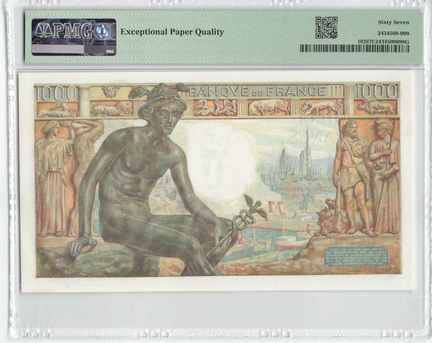 小福收藏拍卖第196期 评级币精选场 本期有68分倒置号布隆迪世界最大纸币 泰国69年10铢纪念钞0A冠百位倒置号  文莱06年500吉令特首年首冠 丹麦经典大松鼠 俄罗斯 玻利维亚 东加勒比 亚美尼亚等多国精美高分珍稀老钞精品纸币 法国 1943年 1000法郎 女神和墨丘利神 大票幅 PMG67 EPQ 亚军分